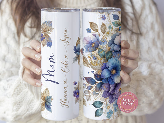 Personalized Floral Mom Tumbler - Custom Glitter Cup with Kids' Names for Mothers Day