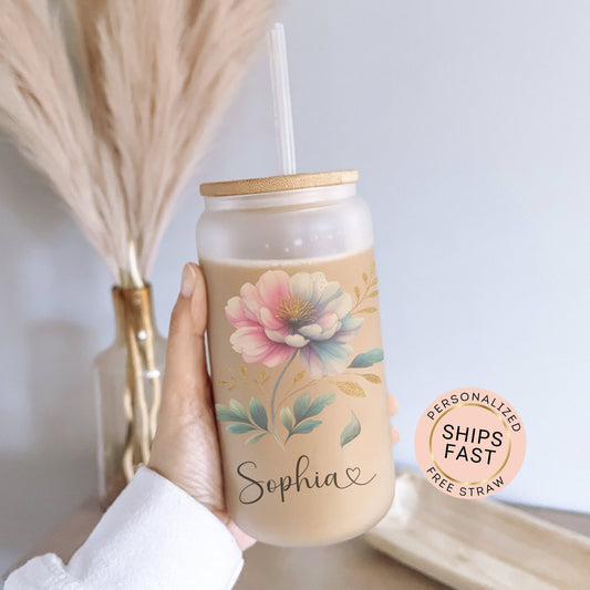 Custom Pastel Floral Frosted Glass Cup - Stylish Iced Coffee Tumbler