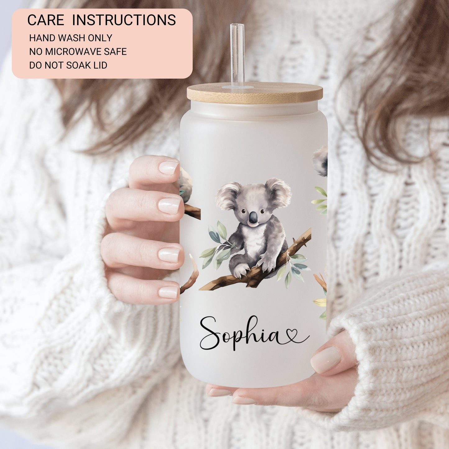 Personalized Koala Frosted Glass Cup - Custom Koala Tumbler for Iced Coffee Perfect Koala Gift