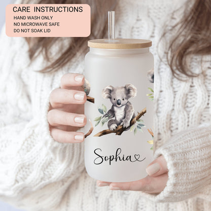 Personalized Koala Frosted Glass Cup - Custom Koala Tumbler for Iced Coffee Perfect Koala Gift