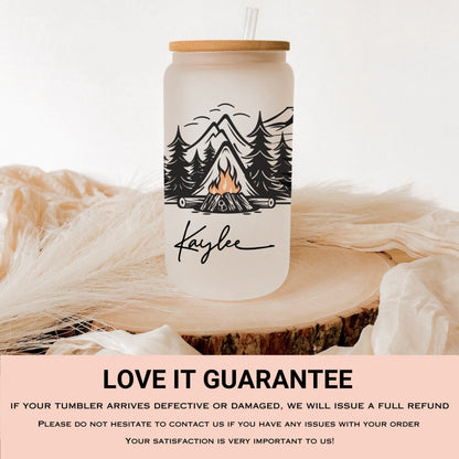 Personalized Camping Frosted Glass Tumbler - Custom Cup for Outdoor & Coffee Lovers