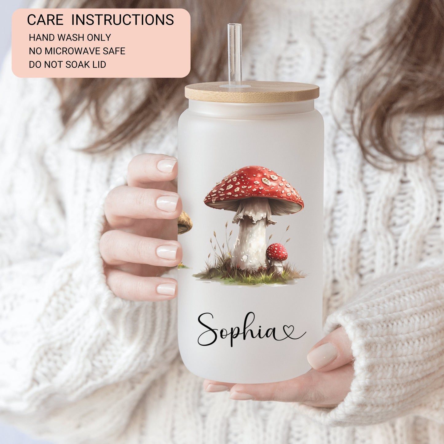 Personalized Retro Mushroom Frosted Glass Cup - Custom Tumbler for Iced Drinks