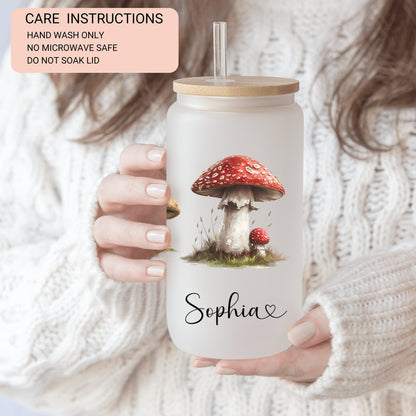 Personalized Retro Mushroom Frosted Glass Cup - Custom Tumbler for Iced Drinks