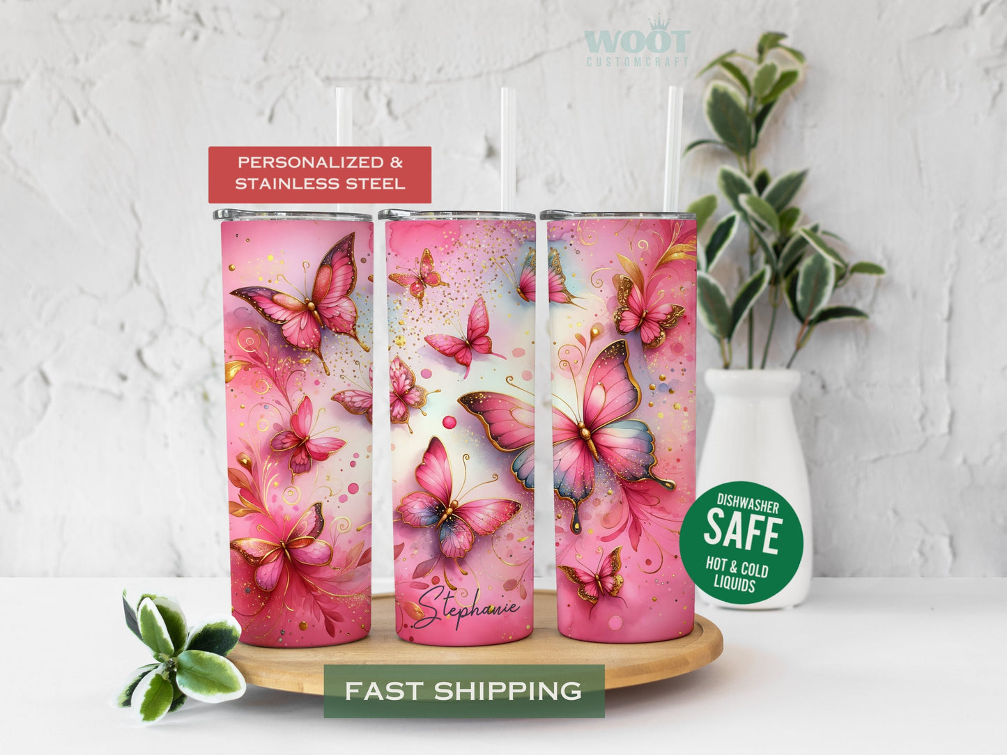 Three tumblers show all the sizes of a Glitter Pink Butterflies Tumbler with a personalized name.