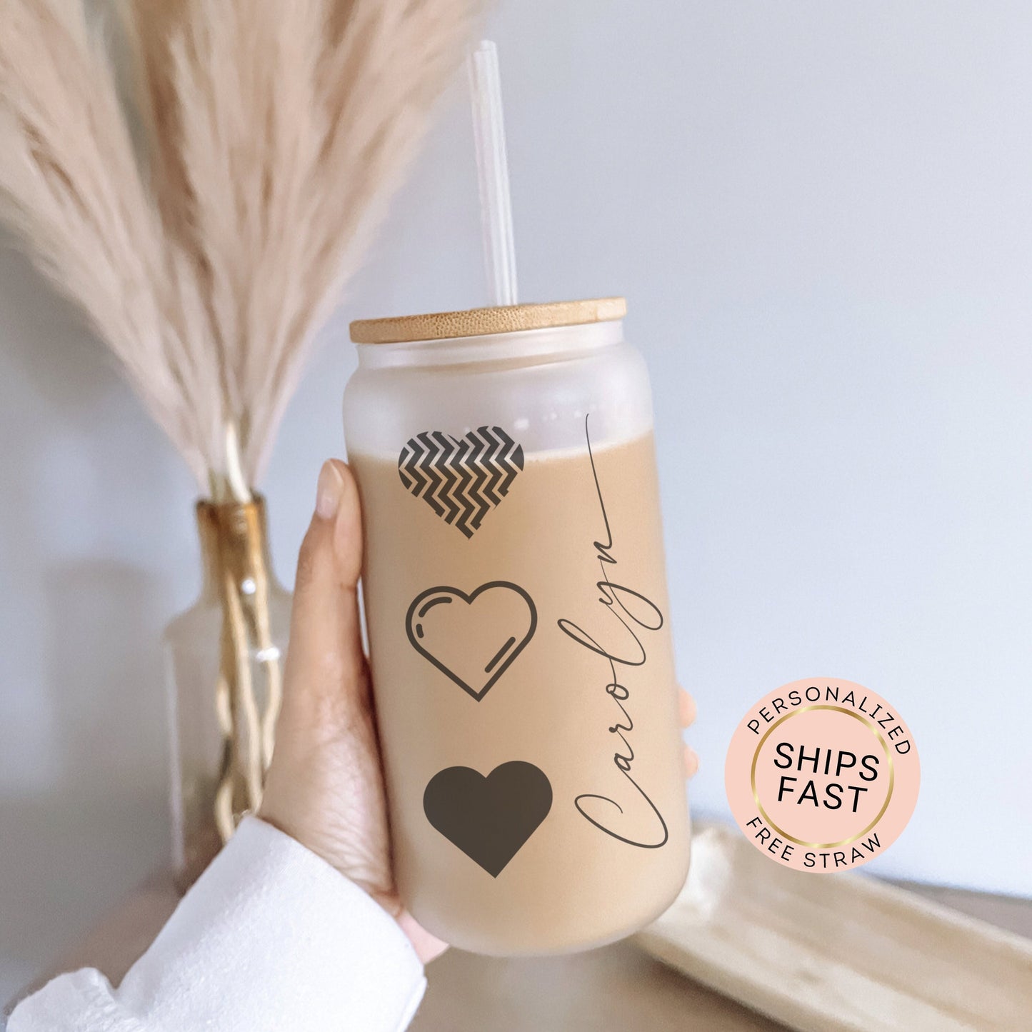 Heart Cup Personalized, B&W Heart Glass Cup, Custom Heart Frosted Glass Cup, Heart Glass Tumbler B and W, Heart Iced Coffee Cup Love Cup