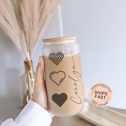 Heart Cup Personalized, B&W Heart Glass Cup, Custom Heart Frosted Glass Cup, Heart Glass Tumbler B and W, Heart Iced Coffee Cup Love Cup