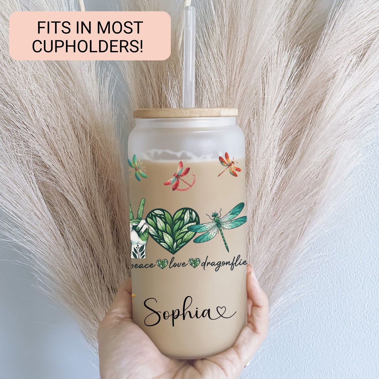 Personalized Dragonfly Frosted Glass Cup - Custom Engraved Coffee Mug | Peace & Love Design