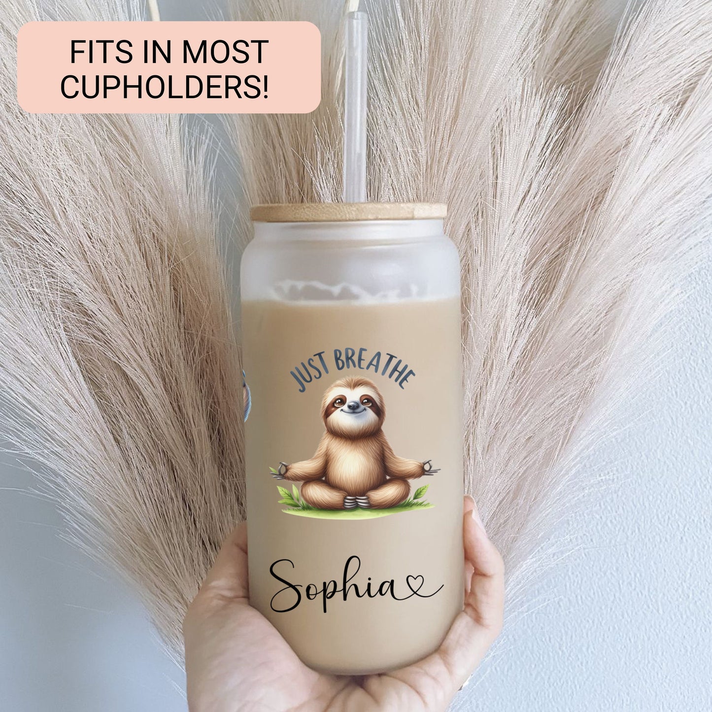 Personalized Sloth Yoga Glass Tumbler - Custom Iced Coffee Cup