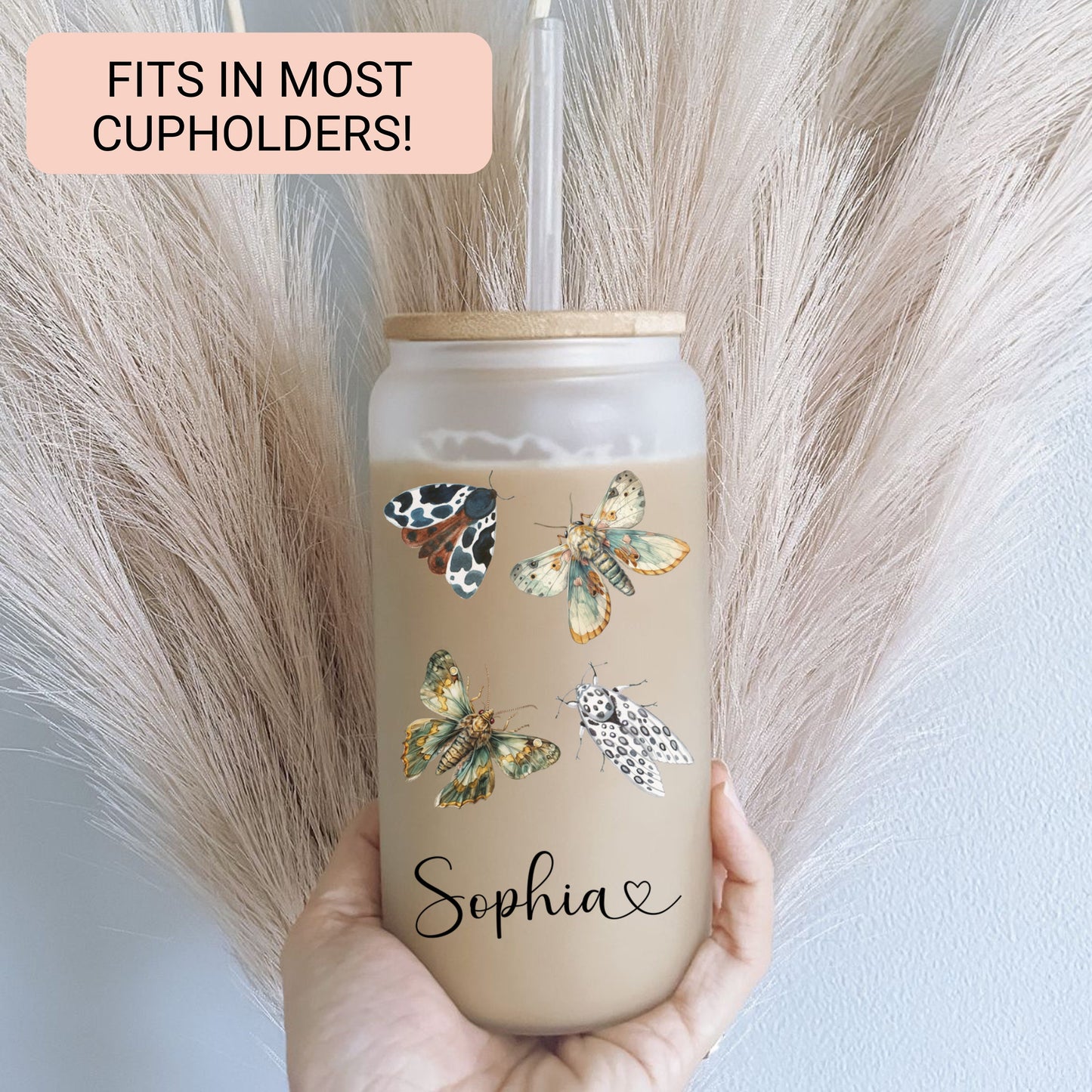 Personalized Moth Glass Cup - Custom Iced Coffee Tumbler for Lovers