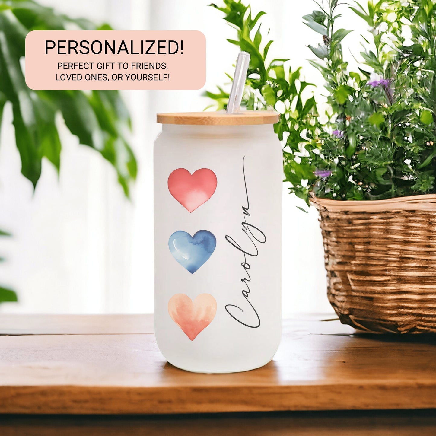 Personalized Watercolor Heart Tumbler - Frosted Glass Gift for Coffee Lovers