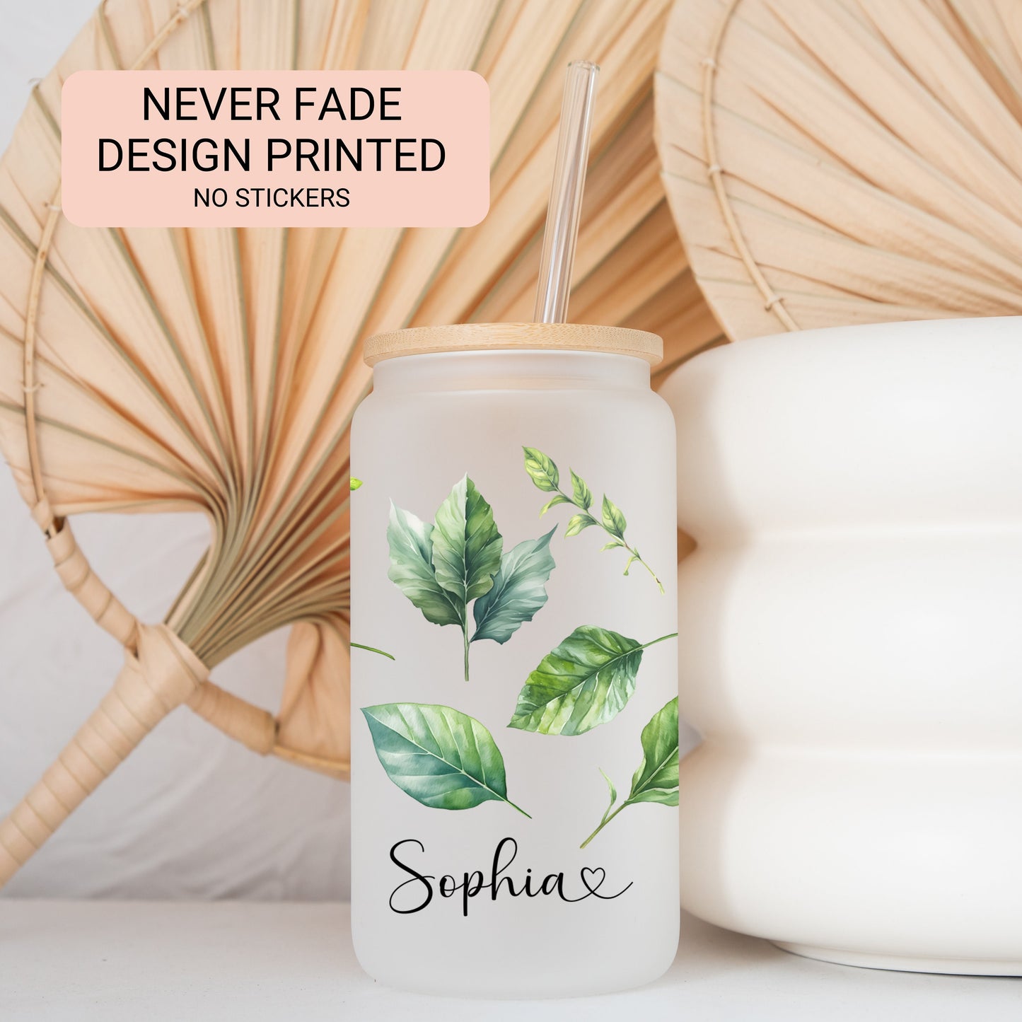 Personalized Green Leaves Frosted Glass Cup - Iced Coffee Tumbler