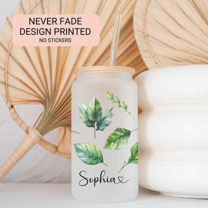 Personalized Green Leaves Frosted Glass Cup - Iced Coffee Tumbler