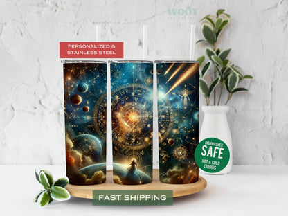 Three tumblers show all the sides of a celestial zodiac tumbler with a personalized name on the tumbler button.