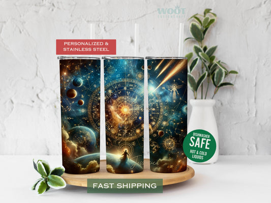 Three tumblers show all the sides of a celestial zodiac tumbler with a personalized name on the tumbler button.