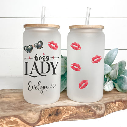 Lady Boss Cup Personalized, Lady Boss Glass Cup, Custom Lady Boss Frosted Glass Cup, Lady Boss Glass Tumbler, Lady Boss Iced Coffee Cup