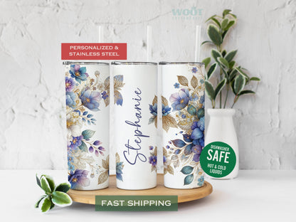 Personalized Purple Floral Glitter Tumbler - Fall Gift for Her or Purple Lovers