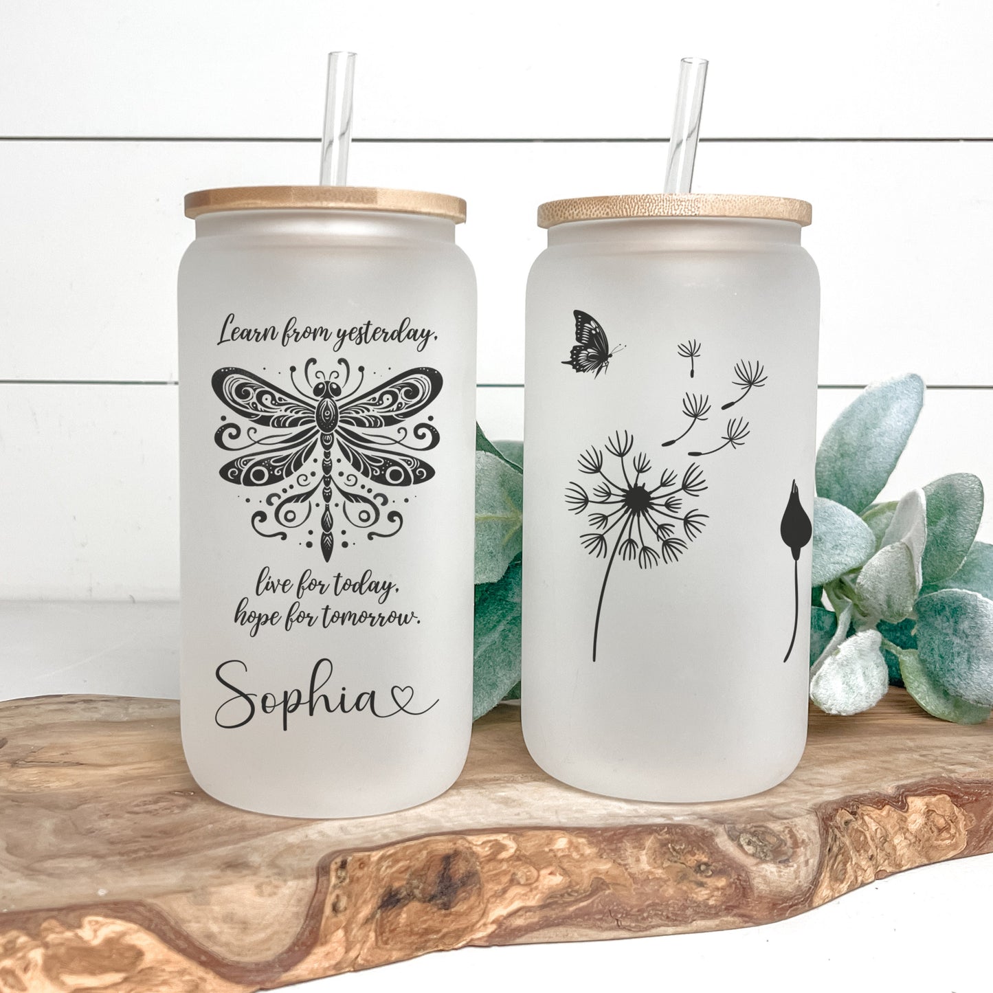 Personalized Dragonfly Glass Cup - Custom Frosted Coffee Mug with Quote