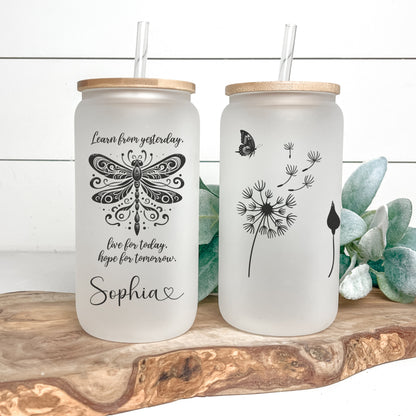 Personalized Dragonfly Glass Cup - Custom Frosted Coffee Mug with Quote