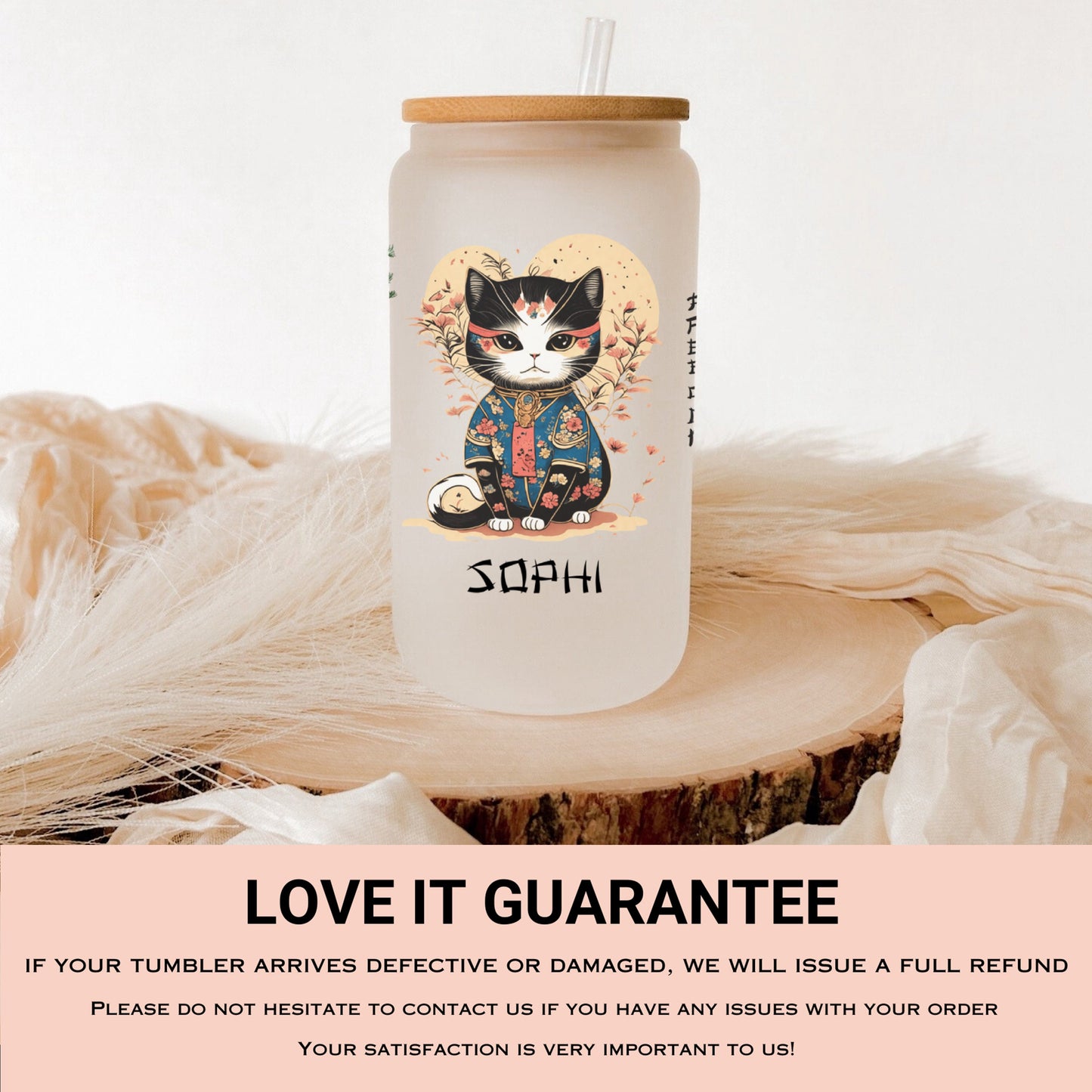 Personalized Japanese Cat Glass Tumbler - Custom Iced Coffee Gift for Cat Lovers