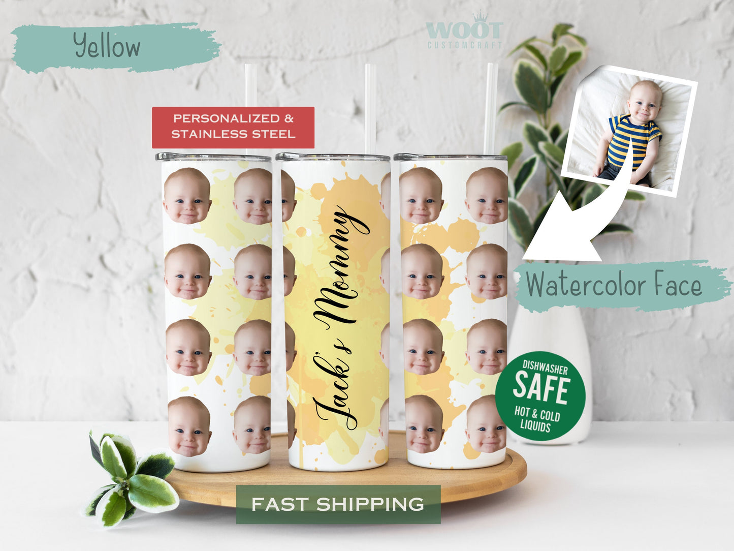 Personalized Watercolor Baby Face Tumbler - Custom Photo Cup for Mom or Grandma
