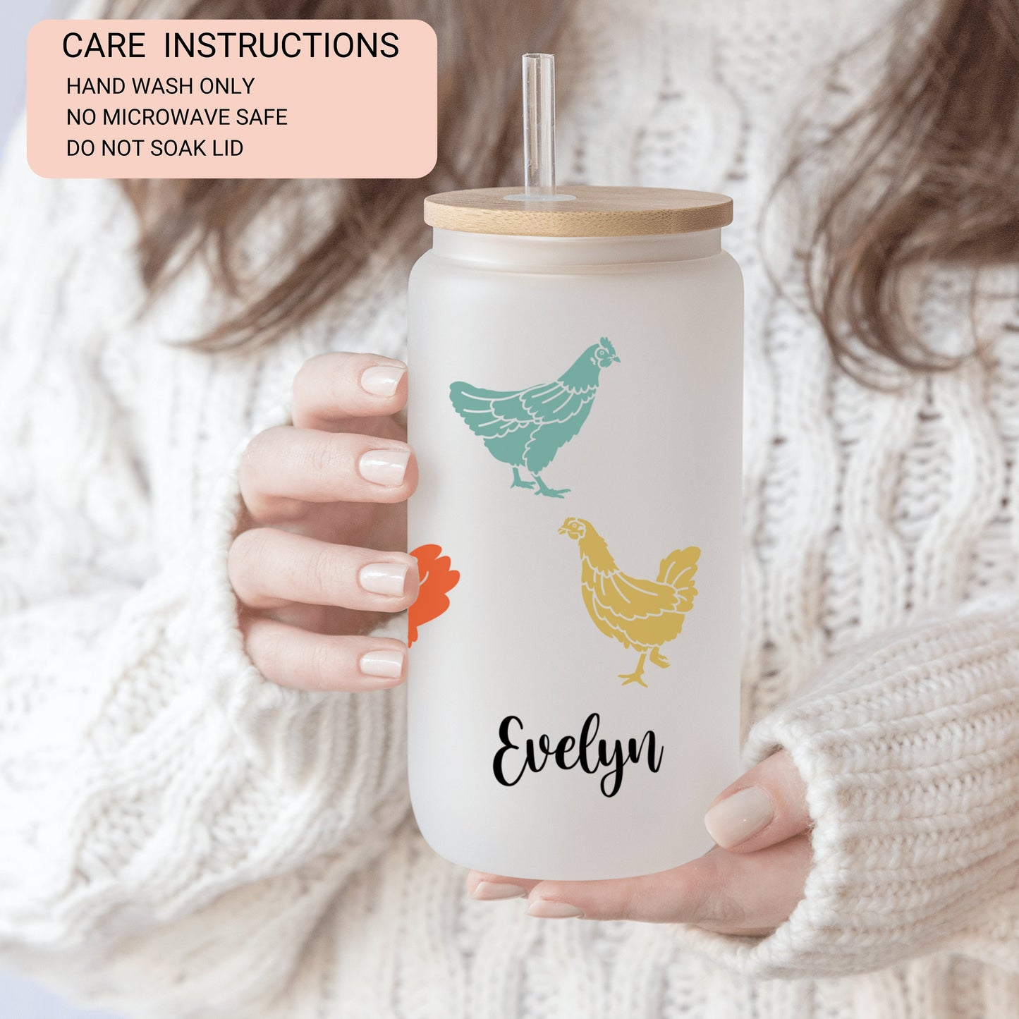 Personalized Chicken Frosted Glass Tumbler - Custom Iced Coffee Cup Gift