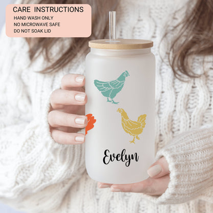 Personalized Chicken Frosted Glass Tumbler - Custom Iced Coffee Cup Gift