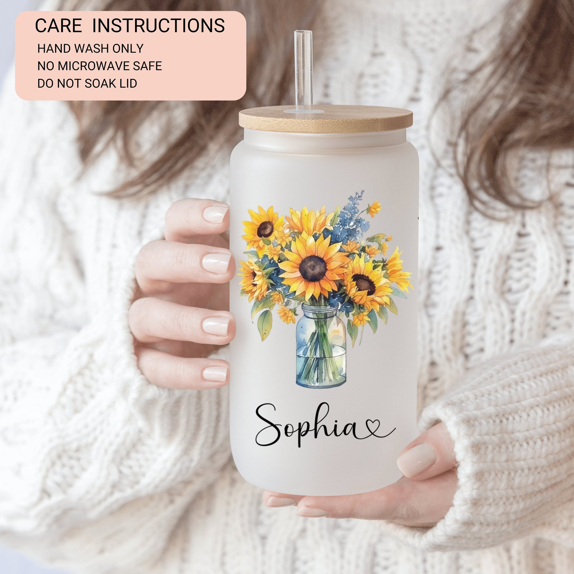 Personalized Flower Glass Cup Custom Sunflower Frosted Glass Cup For Mom