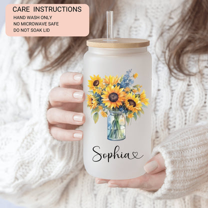Personalized Flower Glass Cup Custom Sunflower Frosted Glass Cup For Mom