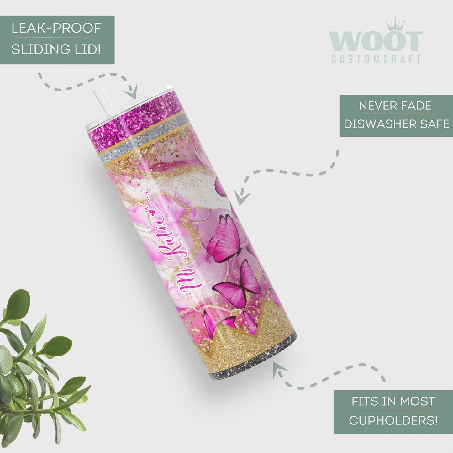 Personalized Teacher Butterfly Glitter Tumbler - Pink Pencil Travel Cup Gift for Educators