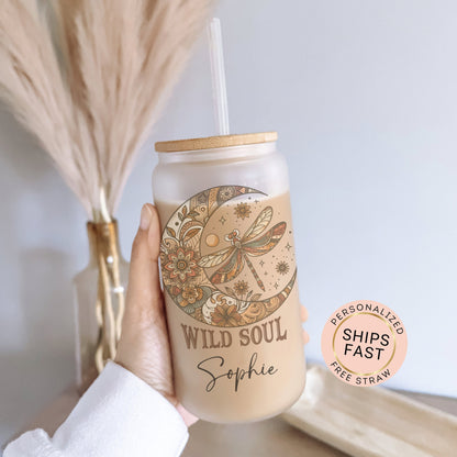 Personalized Dragonfly Glass Cup - Custom Positive Quote Frosted Design
