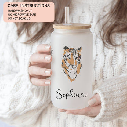 Personalized Tiger Frosted Glass Tumbler - Custom Iced Coffee Cup | Unique Gift for Tiger Lovers