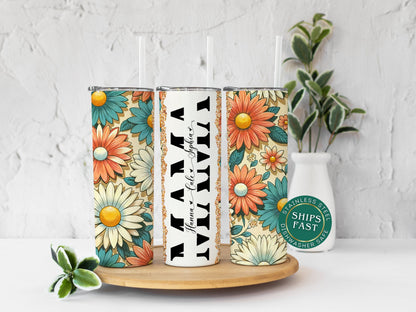 Personalized Retro Mama Tumbler - Custom Floral Design with Kids' Names