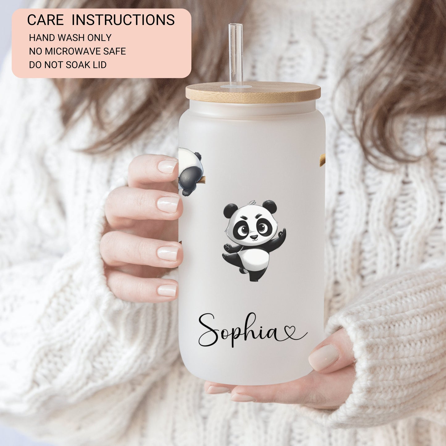 Personalized Frosted Panda Glass Cup - Custom Iced Coffee Tumbler for Panda Lovers