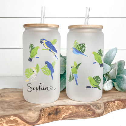 Personalized Parrot Frosted Glass Tumbler - Custom Tropical Iced Coffee Cup for Bird Lovers