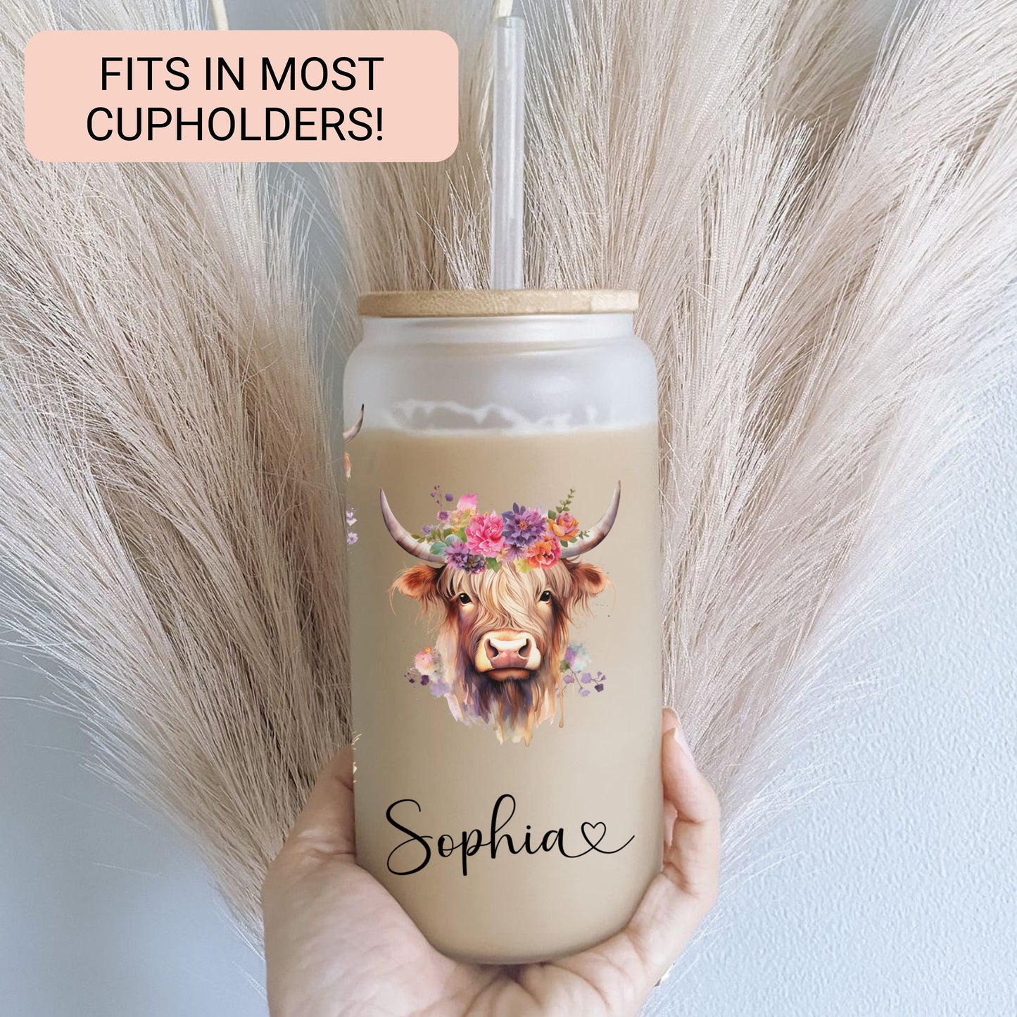 Personalized Highland Cow Frosted Glass Tumbler - Custom Iced Coffee Cup for Cow Lovers