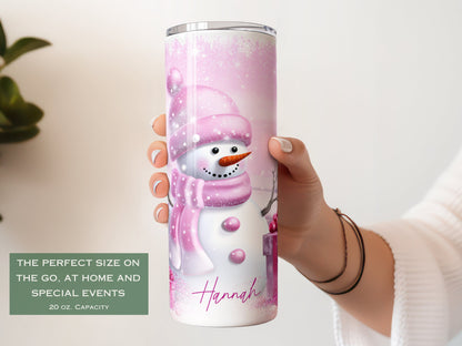 Personalized Pink Snowman Christmas Tumbler - Cute Holiday Gift for Her