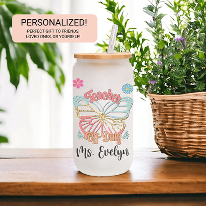 Personalized Teacher Frosted Glass Cup - Butterfly Design Iced Coffee Gift