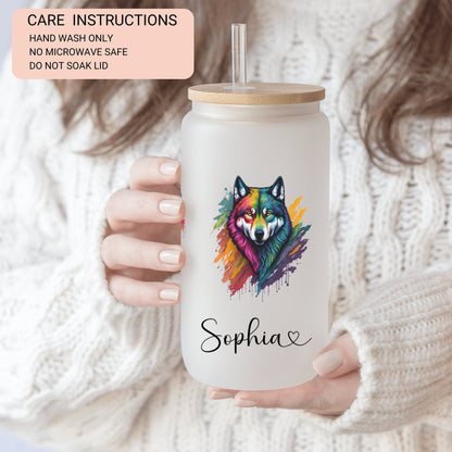 Personalized Wolf Frosted Glass Tumbler - Custom Iced Coffee Cup for Wolf Lovers