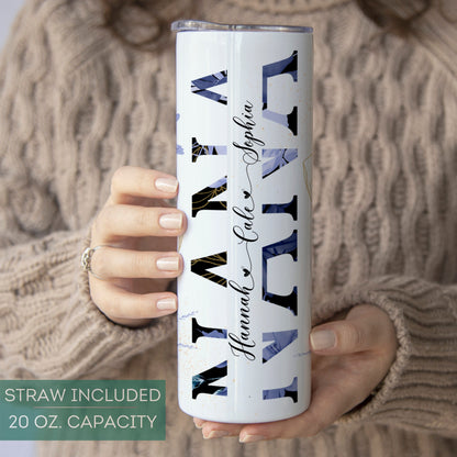 Personalized Nana Tumbler - Custom Floral Travel Cup with Grandkids' Names