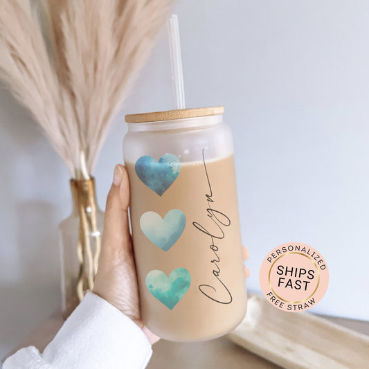 Personalized Blue Heart Glass Cup - Custom Frosted Tumbler for Iced Coffee Lovers