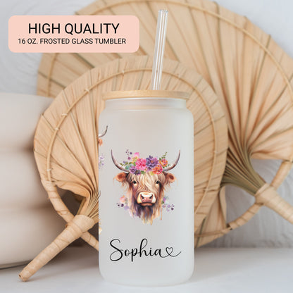 Personalized Highland Cow Frosted Glass Tumbler - Custom Iced Coffee Cup for Cow Lovers