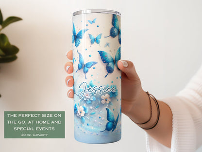 Personalized Glitter Blue Butterfly Tumbler - Gift for Butterfly Lovers and Women