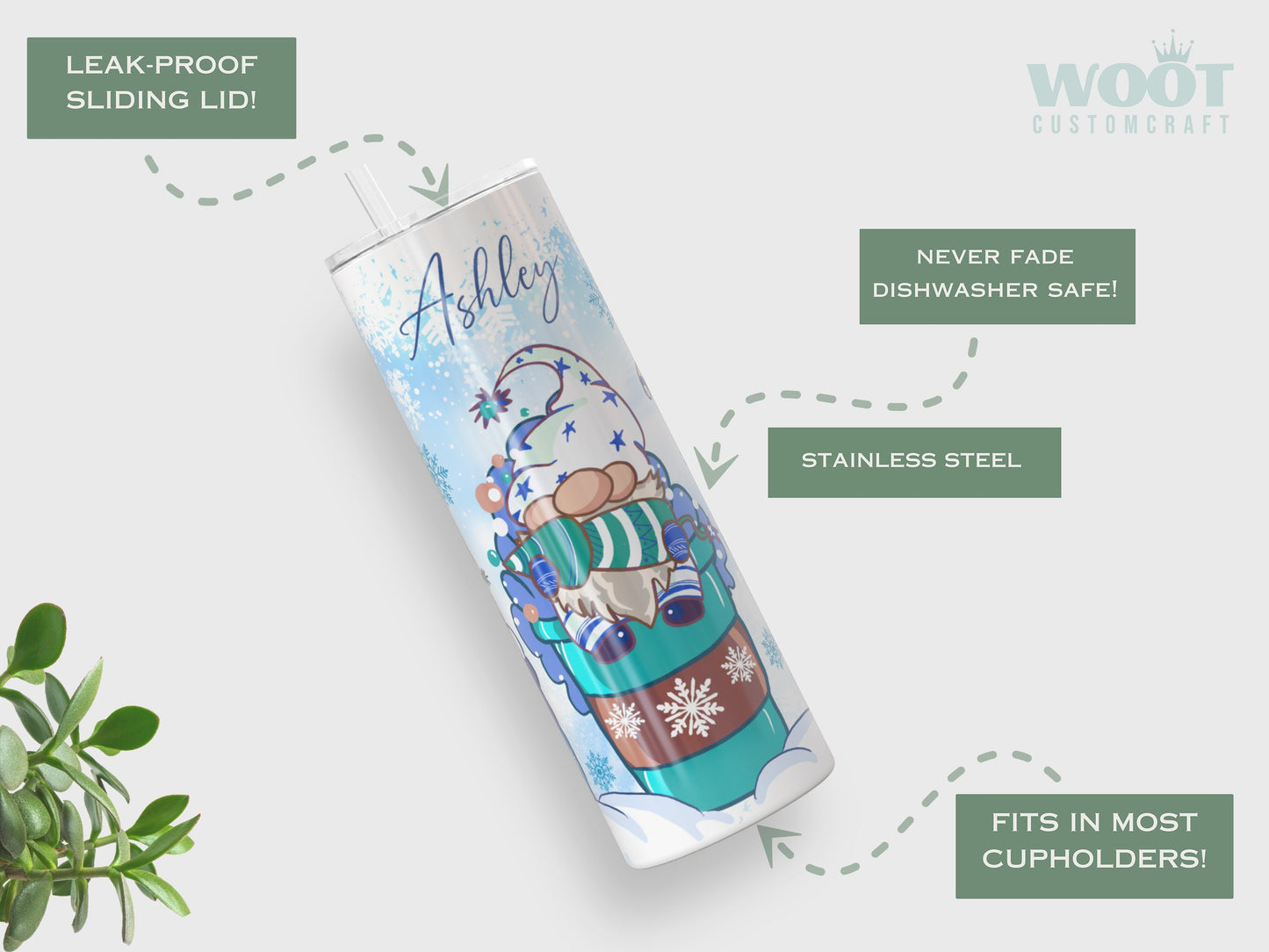 Personalized Christmas Gnome Tumbler - Winter Gift with Snowflakes