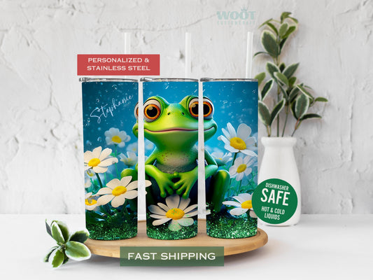Personalized Floral Frog Tumbler - Cute Glitter Gift for Frog Lovers