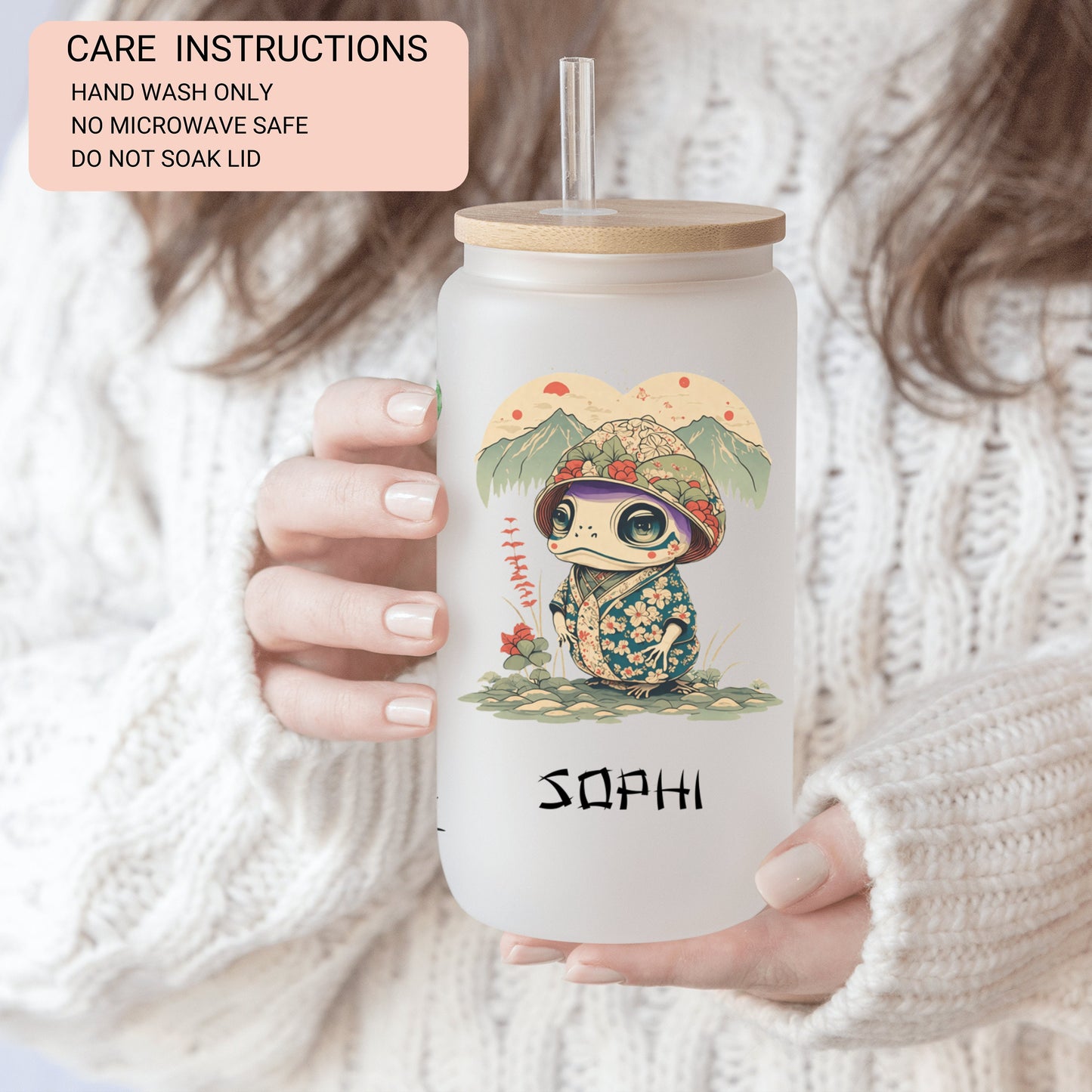 Personalized Japanese Frog Glass Cup - Unique Custom Iced Coffee Gift