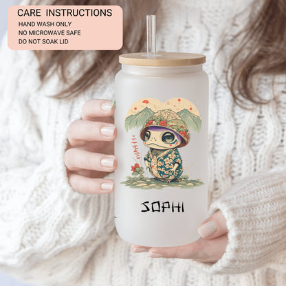 Personalized Japanese Frog Glass Cup - Unique Custom Iced Coffee Gift