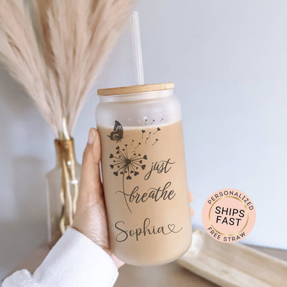 Personalized Just Breathe Frosted Glass Cup - Custom Engraved Gift Can