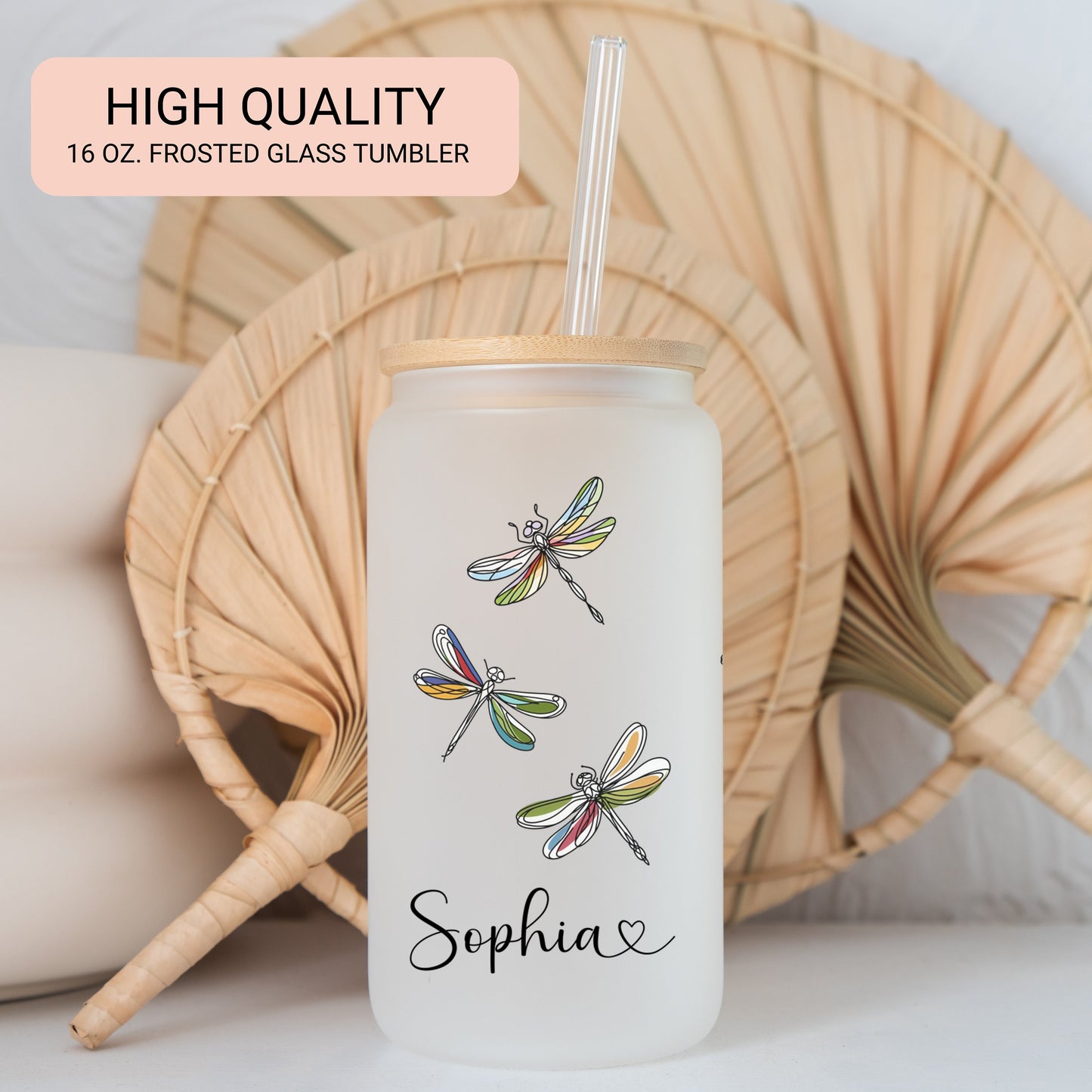 Personalized Dragonfly Glass Tumbler - Custom Iced Coffee Cup