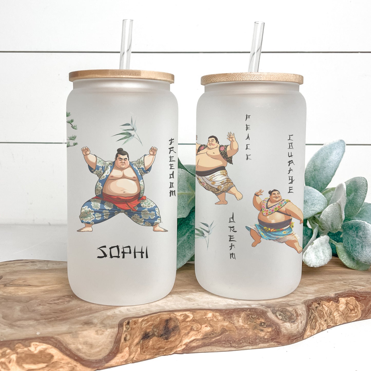 Personalized Japanese Sumo Glass Cup - Custom Iced Coffee Tumbler Gift