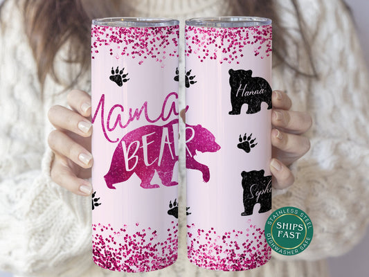 Personalized Mama Bear Tumbler with Kids' Names - Custom Gift for Moms & Bear Cubs